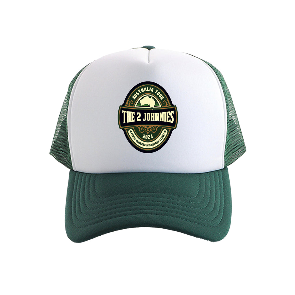 The 2 Johnnies - 2024 Tour Stout Logo Trucker Hat (Green/White)