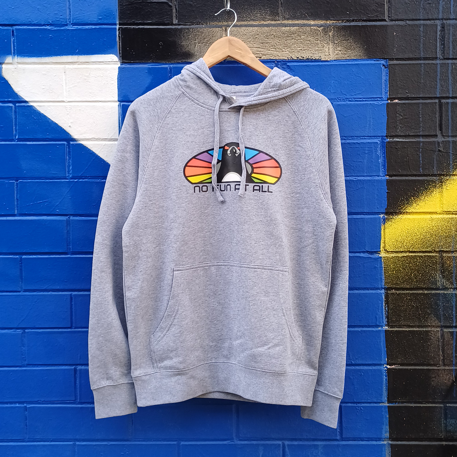 No Fun At All - Rainbow Penguin Hoodie (Grey Marle)