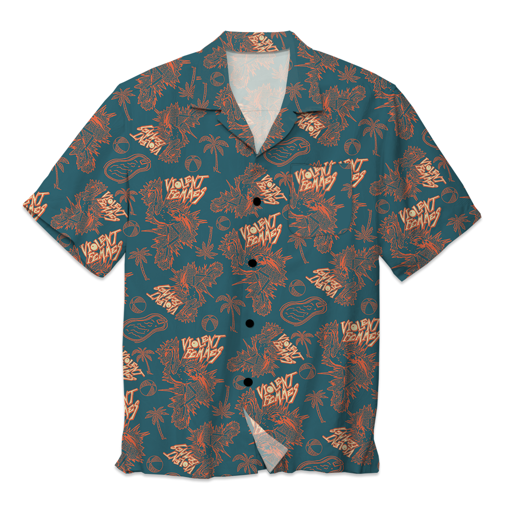 Violent Femmes - Flamingo Tiki Button Down Short Sleeve Shirt (Blue)