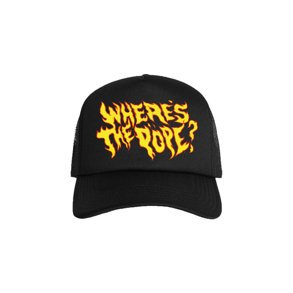 Where's The Pope? - Flame Logo Trucker Hat (Black/Black)