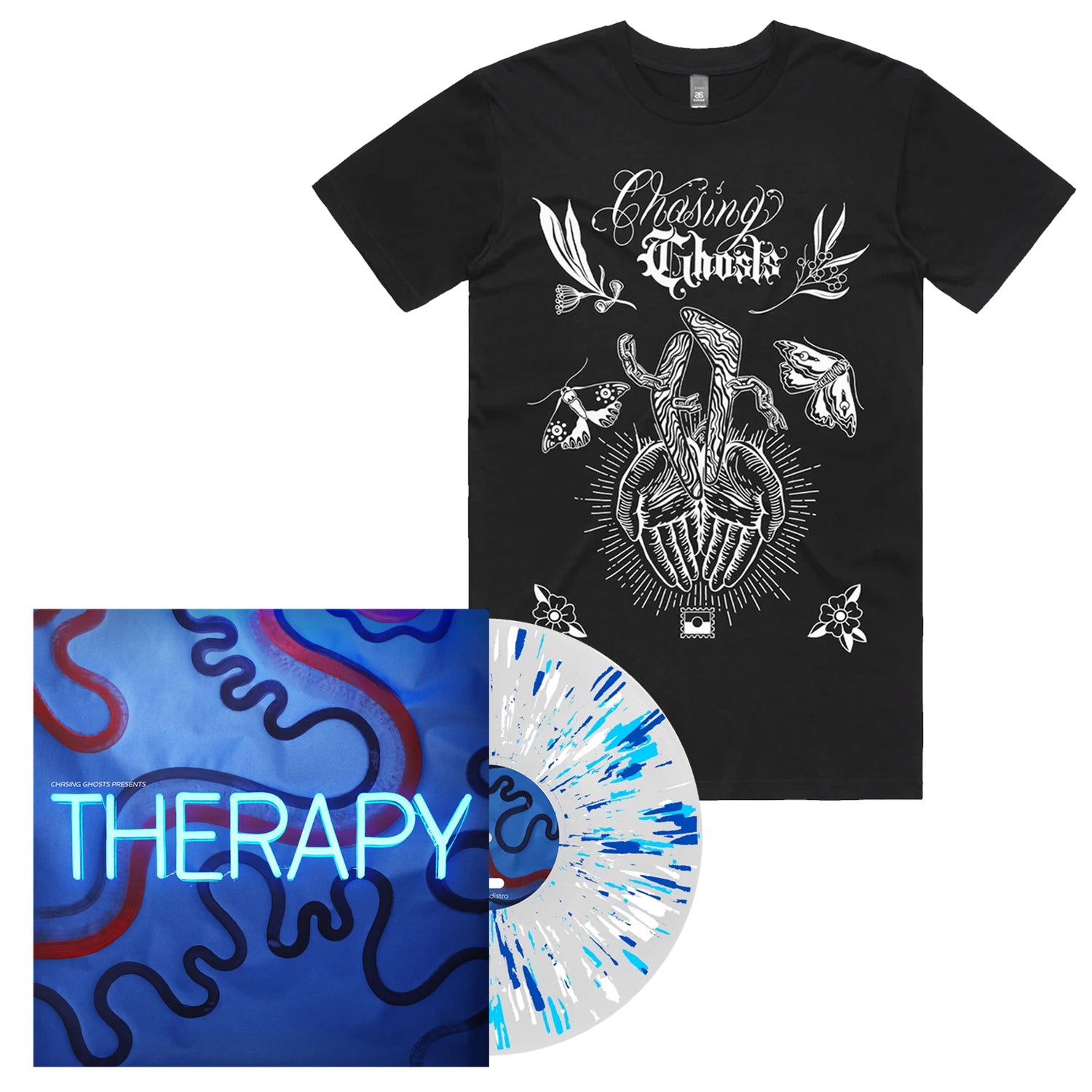 Chasing Ghosts - Therapy LP (Clear w/ Blue, Teal & White Splatter Vinyl) + Tattoo Tee (Black)