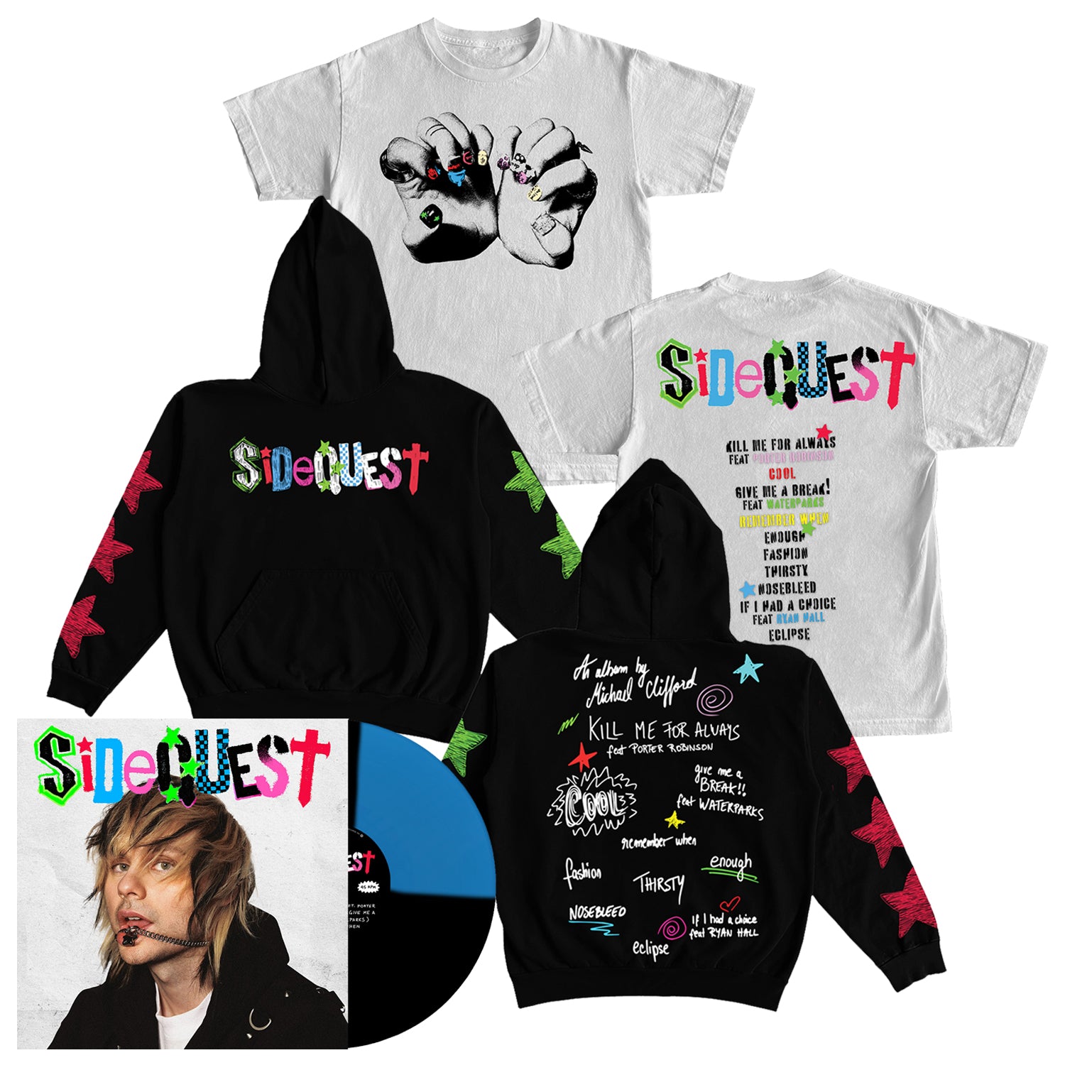 Michael Clifford - SIDEQUEST LP (Black & Blue Quad Deluxe Vinyl) + T-Shirt + Hoodie Bundle