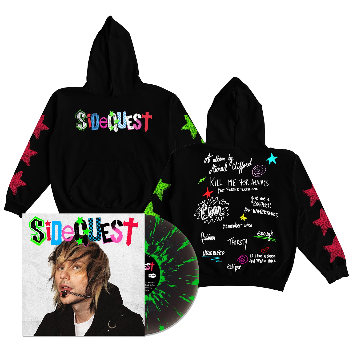 Michael Clifford - SIDEQUEST LP (Black Ice w/ Neon Green Splatter Deluxe Vinyl) + Hoodie (Black)
