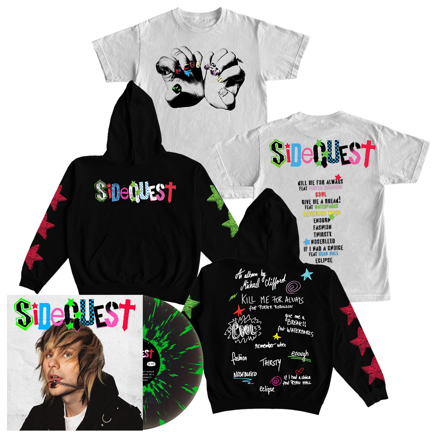 Michael Clifford - SIDEQUEST LP (Black Ice w/ Neon Green Splatter Deluxe Vinyl) + T-Shirt + Hoodie Bundle
