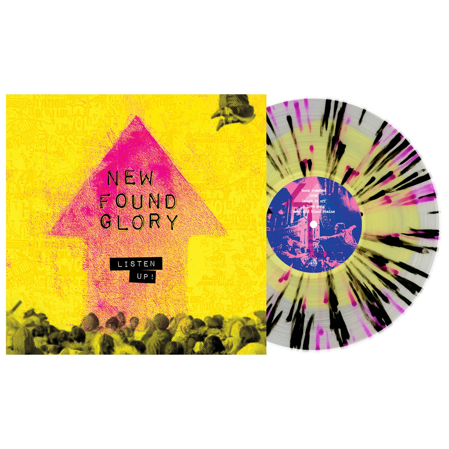New Found Glory - Listen Up! LP (Yellow in Clear with Pink and Black Splatter Vinyl)