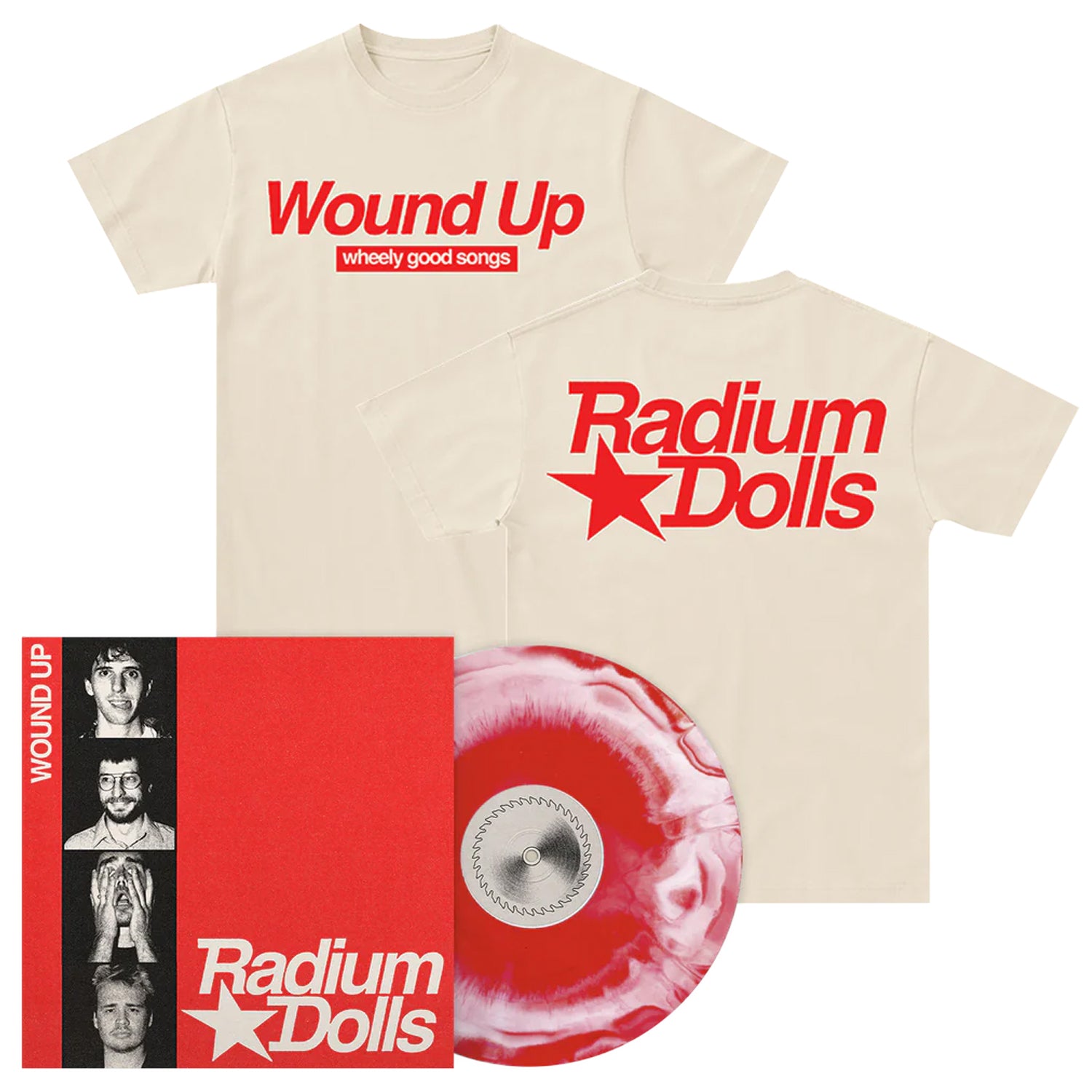 Radium Dolls - Wound Up LP (Red/White Vinyl) Cream T-Shirt Bundle