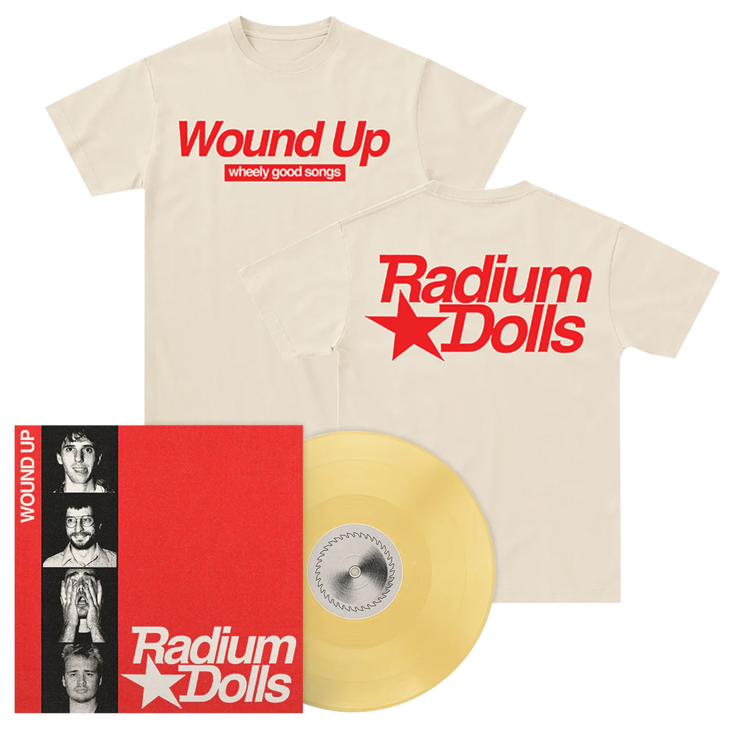 Radium Dolls - Wound Up LP (Yellow Vinyl) Cream T-Shirt Bundle
